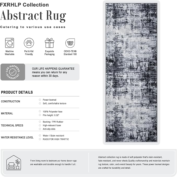 2.6x10 Washable Runner Rug:Modern Abstract Soft Carpet Dark Black | For Hallway, Bedroom, Kitchen, Laundry, Bathroom,Door Mat,Modern Abstract,Machine washable,Non-Slip,Stain Resistant,Indoor