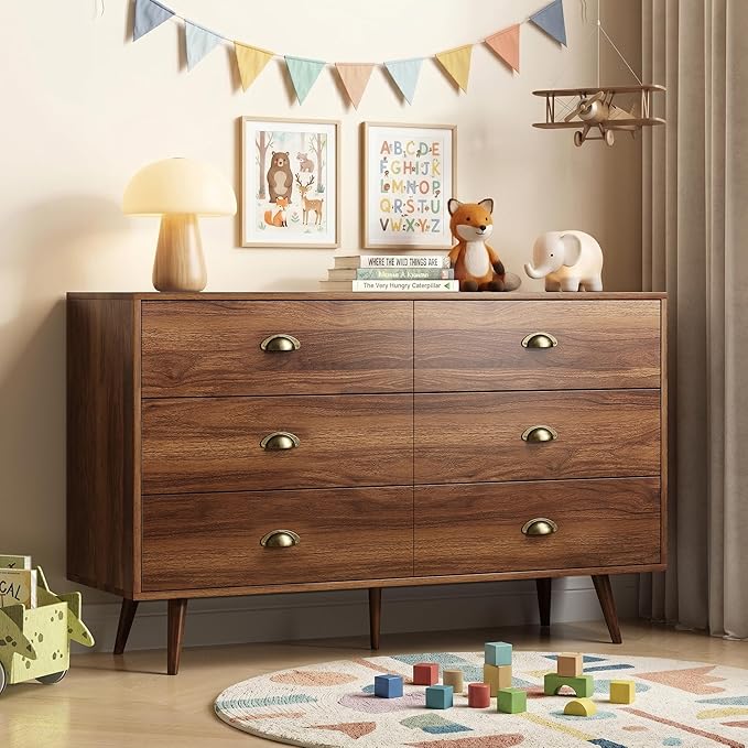 Walnut 6 Drawer Dresser for Bedroom, 47" Wood Dresser with Gold Handles. | Modern Dressers & Chests of Drawers for Living Room, Hallway, Entryway.