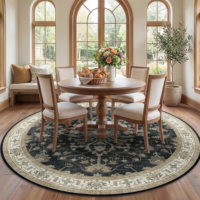 RELEANY Washable Area Rug, Round 7ft, Black/Vintage/Beige | Non-Slip, Water Repellent, Pet Friendly, Easy to Clean, Vintage Floral Boho Decor for Living Room Bedroom Dining Room