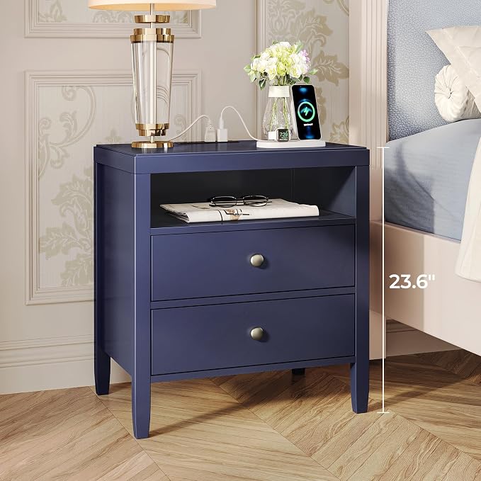 Huuger Blue Nightstand Set of 2, Night Stand with Charger Station | Bedside Table with 2 Drawers, Bed Side Tables for Bedroom, Modern Nightstands, Metal Knobs, Painted Surface