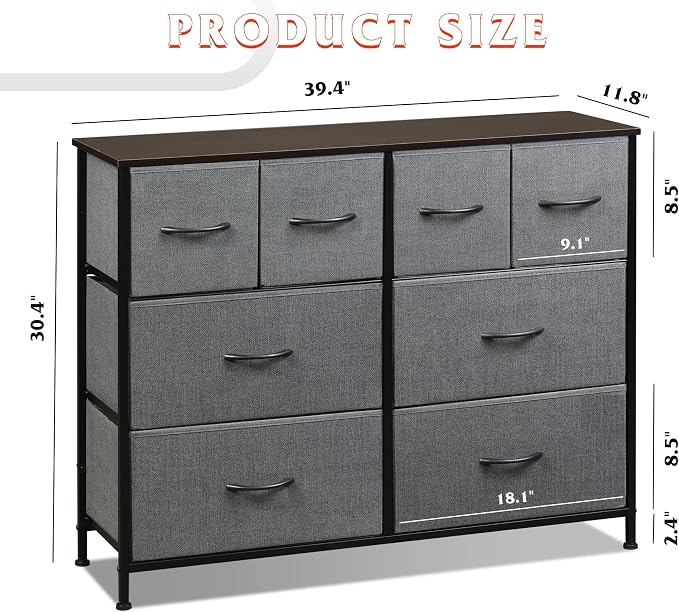 WLIVE Wide Dresser for Bedroom, 8 Drawer Chest of Drawers, Dark Grey | 8 roomy fabric drawers, Wide storage design, Bedroom or closet use, Sturdy steel frame, Smooth wood tabletop