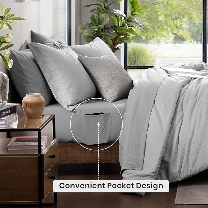 Monbix Queen Comforter Set 7 Pieces Light Grey Cationic Dyeing Bed in a Bag | Lightweight Reversible All Season Bedding Sets with Comforter, Sheets, Pillowcases & Shams
