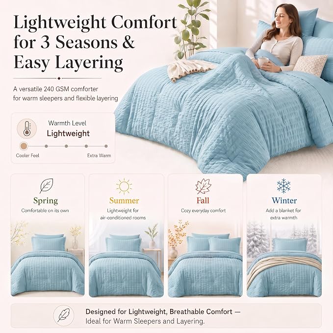 Queen Comforter Set, 7 Pieces Light Blue Seersucker Bed in a Bag | OEKO-TEX Certified, All Season Bedding Set with 240 GSM Down Alternative Comforter, Flat & Fitted Sheets, Pillowcases & Shams