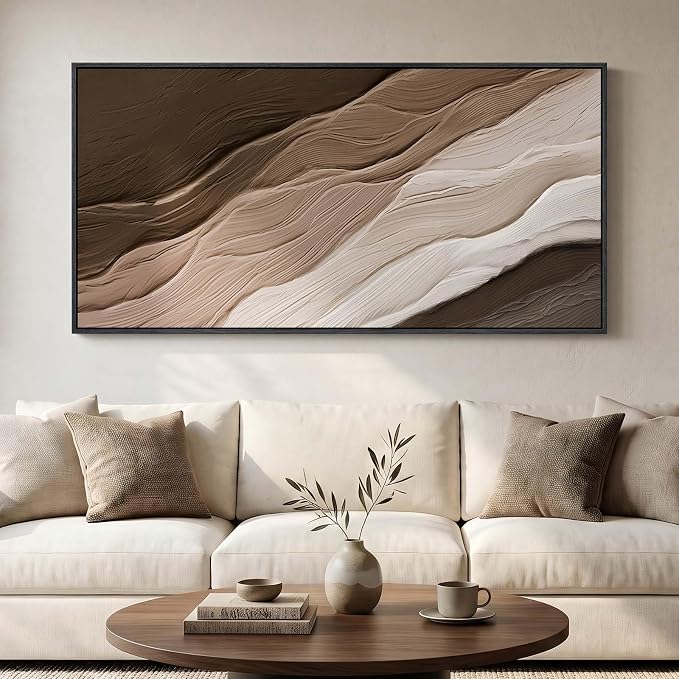 Large Framed Neutral Brown Beige Abstract Wall Art for Living Room 60x30 In | Modern organic paintings, Canvas prints, Horizontal artwork, Earth tone pictures, Wall decor for bedroom dining room office