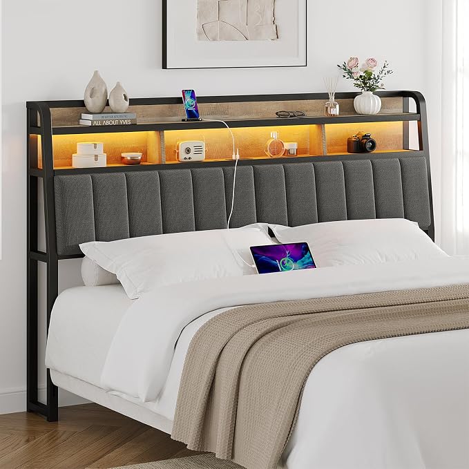 ComfyCorner King Size Headboard with Storage & LED Light, Black & Brown | Upholstered Ergonomic Head Board with Power Outlets & 2-Tier Storage, King Headboard Only, Bed Frame Mounting, Heavy Duty
