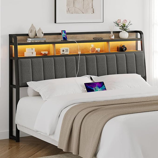 ComfyCorner King Size Headboard with Storage & LED Light, Black & Brown | Upholstered Ergonomic Head Board with Power Outlets & 2-Tier Storage, King Headboard Only, Bed Frame Mounting, Heavy Duty