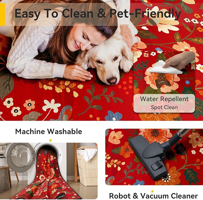 Floral Washable 6x9 Area Rugs Red/Orange | Flower Carpet, Print, Boho, Non-Slip, Easy to Clean, Soft, Low Pile for Living Room Bedroom Kitchen Office Entryway Hallway