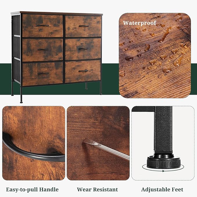 6-Drawer Dresser for Bedroom, Anti-Tip Wide Storage Organizer | Chest of Drawers with Wooden Top and Metal Frame Fabric Bins for Closet, Living Room, Hallway, Entryway, Brown