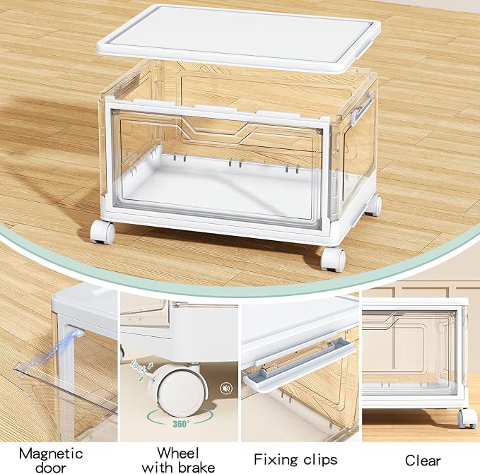 Kmiectse Clear Storage Bins with Lids - 4 Tier 23qt Plastic Stackable Bins | Closet Organizers Box for Bedroom, Living Room, 23 QT Folding Box with Magnetic door