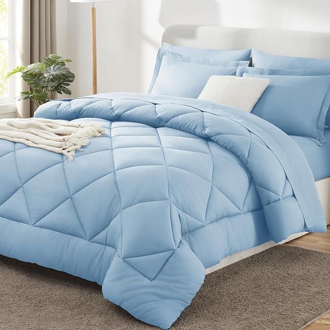 King Size Comforter Set Baby Blue - 7 Pieces Complete Bedding Set | OEKO-TEX Certified, All Season, 240GSM Down-Alternative Comforter, Sheets, Pillowcases & Shams, 14" Deep Pocket, Easy Care