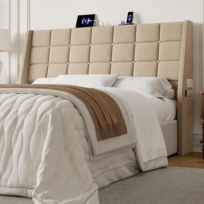 Queen Size Headboard with Charging Station, Wingback Ergonomic Headboards | Wingback Upholstered Bed Head Board with Storage Pocket, Sturdy Stable Solid Wood Headboard, Bed Frame Adapters, Beige
