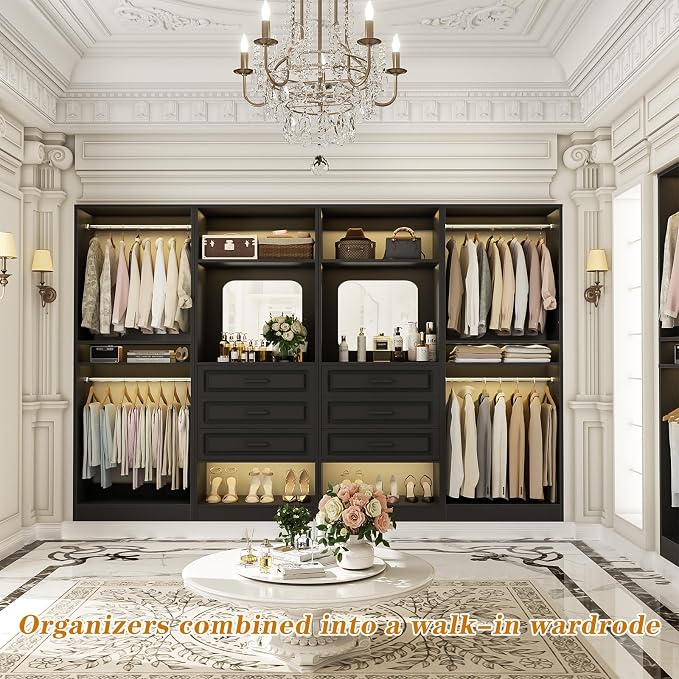 Unikito Closet System, 100" Closet Organizer with Drawers & Mirror, Black | Modular Wooden Walk-in Closet Wardrobe Organizer with Hanging Rods & Adjustable Shelves, Freestanding Garment Rack Tower