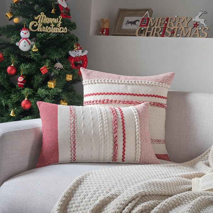 Cethom Christmas Pillow Covers 12x20 Inch Set of 2, Red Textured Boho Christmas Decoration Couch Pillow Cases for Farmhouse Home Decor, Accent Cushion Cover for Sofa, Bed, Living Room, Bedroom