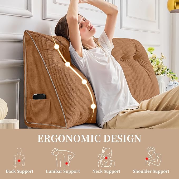 Sasttie Headboard Pillow Full, Wedge Pillow Headboard, Caramel | Triangle Backrest Cushion for Sitting or Reading in Bed, Dorm Essentials, OEKO-TEX, Down Alternative Fill, Side Pockets