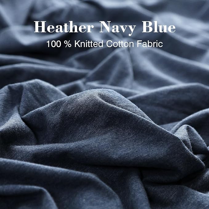 PURE ERA Jersey Knit Sheet Set Heather Navy Blue Queen | 100% Cotton, 3 Piece Set, T Shirt Soft, Breathable, Envelope Closure Pillowcases, Hidden Zipper, 8 Ties, No Insert, Modern