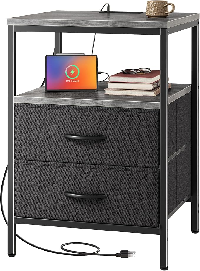 Huuger Night Stand with Charger Station, 27.7 Inch Tall Nightstand | Bed Side Table with 2 Fabric Drawers, Side Table for Bedroom, End Table for Living Room, Couch, Grey
