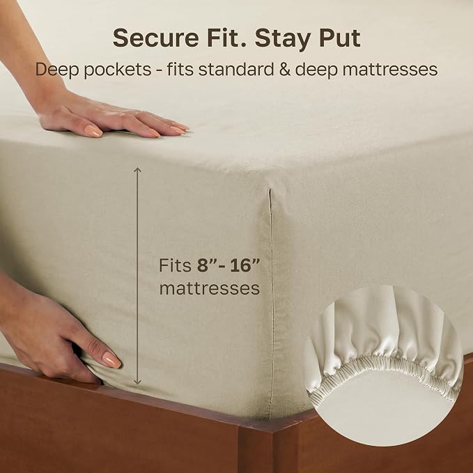 California Design Den Soft 100% Cotton Sateen Full Size Fitted Sheet, Beige | 400 Thread Count Backed by Good Housekeeping Seal, 16" Deep Pocket, All-Around Elastic, No-Pop Fit, Durable, OEKO-TEX