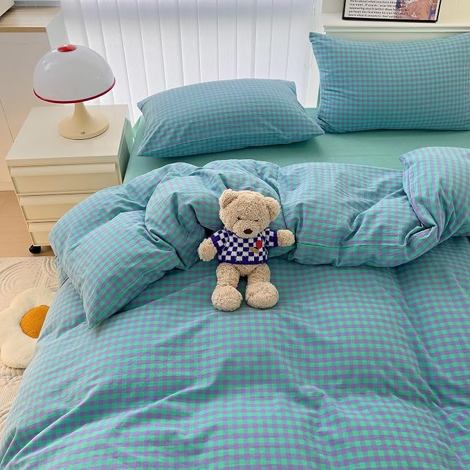 LifeTB Green Gingham Comforter Set Full Modern Style Green Purple Plaid Comforter Set Fluffy Soft Farmhouse Gingham Bedding Comforter 3 Pieces Grid Checkered Pattern Comforter with 2 Pillowcases