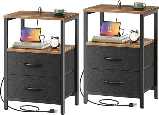 Huuger Nightstands Set of 2, End Tables with Charging Station, Side Table | Side Tables with Fabric Drawers, Bedside Tables with USB Ports and Outlets, Night Stands for Bedroom, Rustic Brown and Black