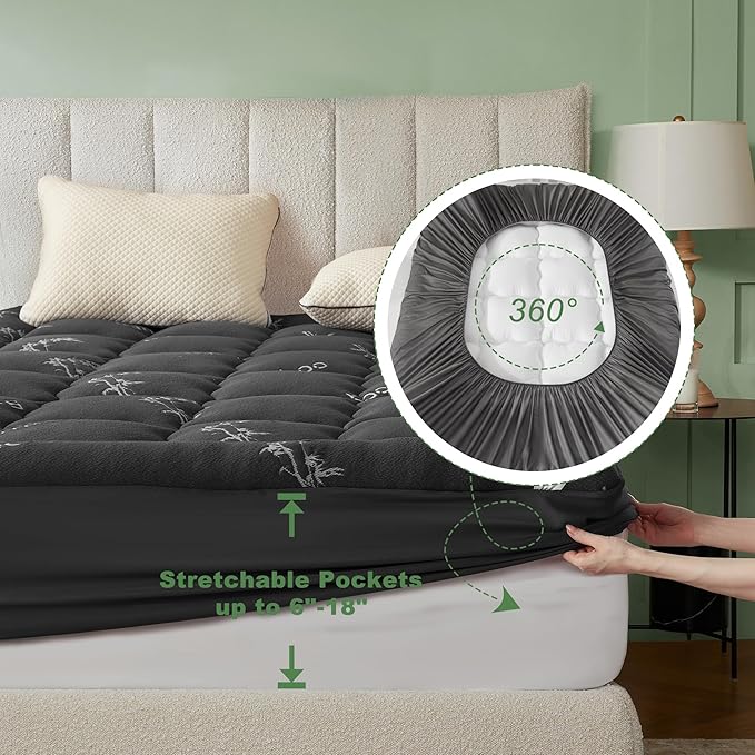 BEDLORE Queen Mattress Topper Viscose Bamboo, Thick Pillow Top Mattress Pad | Stretchable Pockets Fit 6”-18” Mattress, Soft Breathable Mattress Topper for Back Pain Relief and Hot Sleepers(Dark Gray)