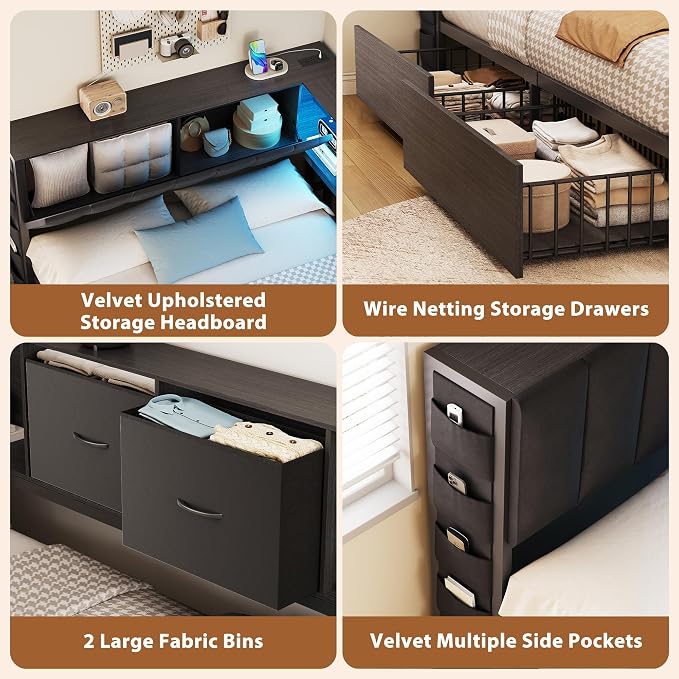 MapleGrace Full Corner Bed Frame with Upholstered Storage Headboard and Drawers, Metal Platform Bed Frame with LED Light and Charging Station, Full Daybed for Living Room, Bedroom & Guest Room, Black