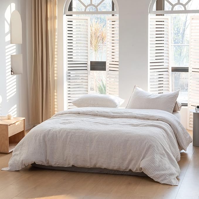 Simple&Opulence 100% Linen Striped Duvet Cover Queen 3pcs, Yarn Dyed Vertical Pinstripe Ticking Pattern Natural French Washed Flax Breathable Farmhouse Bedding - Cinnamon Stripe