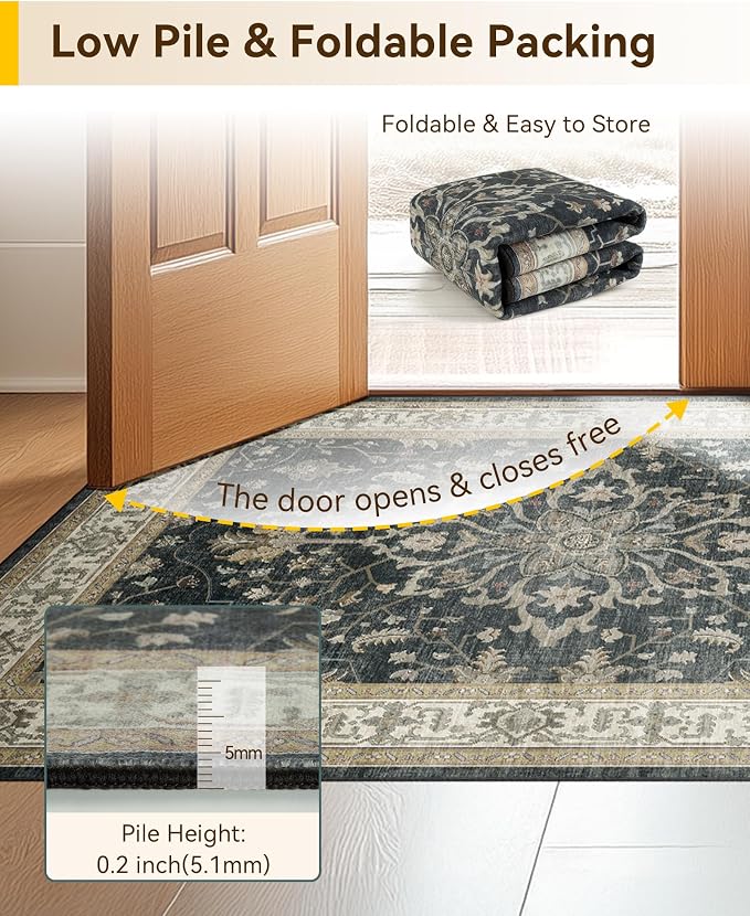 RELEANY Washable Area Rug, 3'x5', Black/Vintage/Beige | Non-Slip, Water Repellent, Pet Friendly, Easy to Clean, Vintage Floral Boho Decor for Living Room Bedroom Beside Kitchen