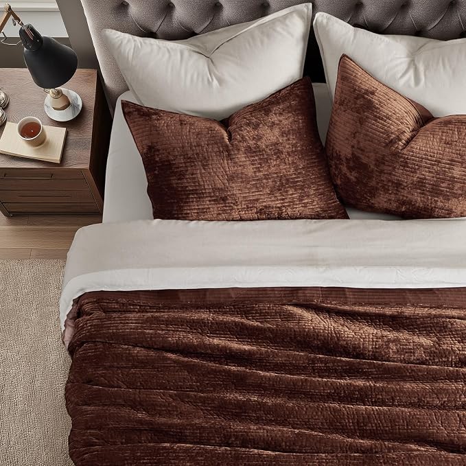 EverGrace Striped Channel Velvet Quilt Set, Queen Size, Rust Brown | Luxurious Soft Lightweight Velvet Comforter, Oversized Bedspread Coverlet, Quilted Bedding Set for All Season, with 2 Shams