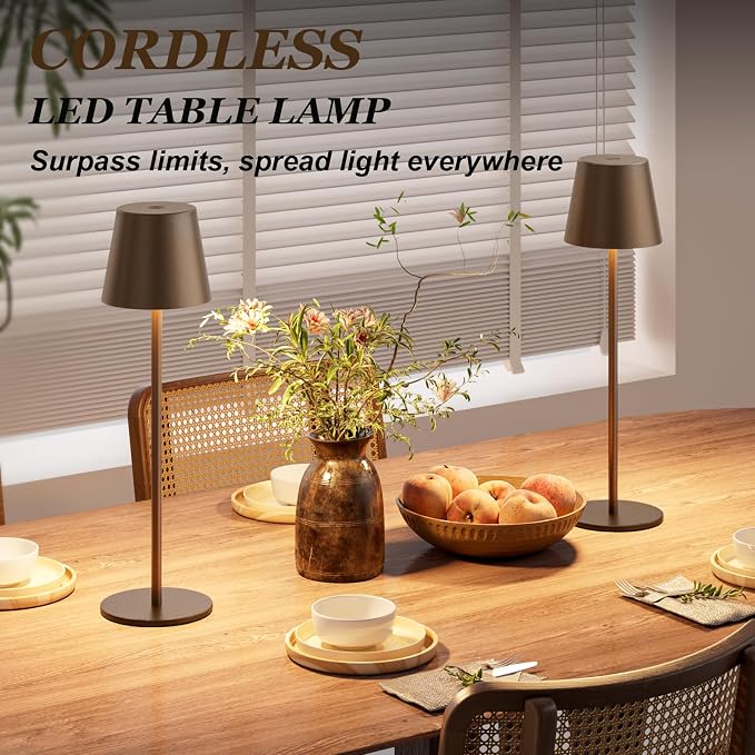Kakanuo Brown Cordless Table Lamp Rechargeable, Battery Operated | 2 Pack 5000mAH Battery, 3 Color Stepless Dimming, for Dining Table, Kitchen Counter, Outdoor Patio, Touch Control