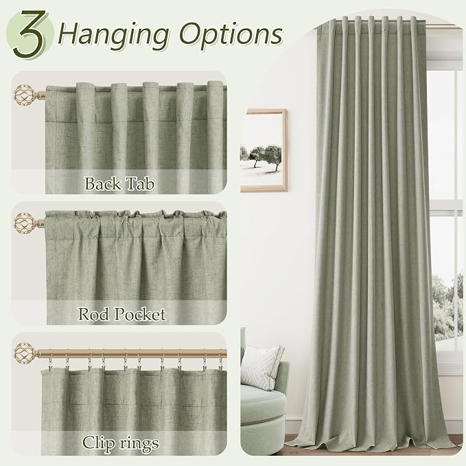 Sage Green 100% Blackout Curtains 80 Inch Length 2 Panels Set for Living Room Bedroom Back Tab Thermal Insulated Black Out Linen Drapes Room Darkening Window Curtains 80 Inches Long