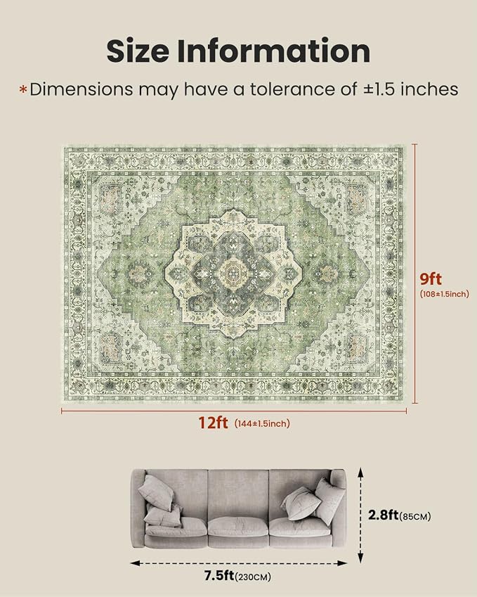 AMADA HOMEFURNISHING 9x12 Area Rug, Washable Low-Profile Large Area Rug with Non-Slip Backing & Durable Edge Binding, Vintage Large Rugs for Living Room, Bedroom