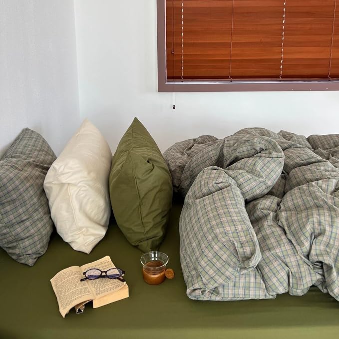 mixinni Vintage Green Buffalo Plaid Duvet Cover Set Twin Size - 3 Piece Mid-Century Washed Cotton Bedding Set with Grid Pattern, Ultra Soft & Breathable Duvet Cover with Pillowcases for All Seasons