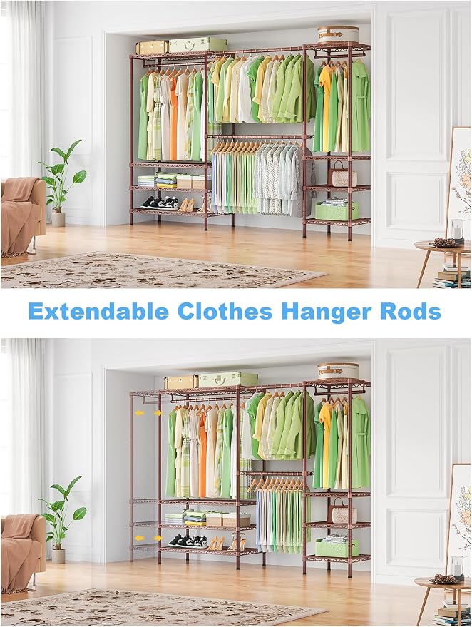 Ulif E11 Heavy-Duty Closet Garment Rack, Metal Clothes Rack, Load 1034lbs | Bronze Freestanding Expandable Clothing Storage Organizer System for Hanging Clothes, (73.2-97.6)"W x 14.5"D x 71.2"H