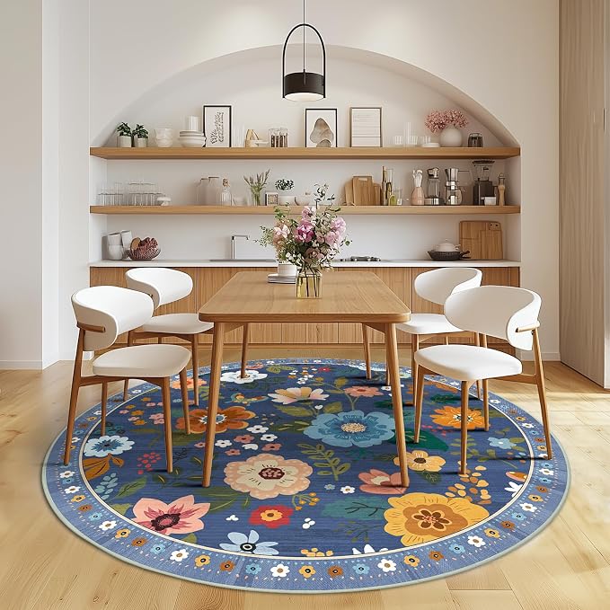 RELEANY Floral Washable Round 6ft Area Rug Blue/Grey | Flower Carpet, Print, Boho, Non-Slip, Easy to Clean, Soft, Low Pile for Living Room Bedroom Kitchen Office Entryway Hallway