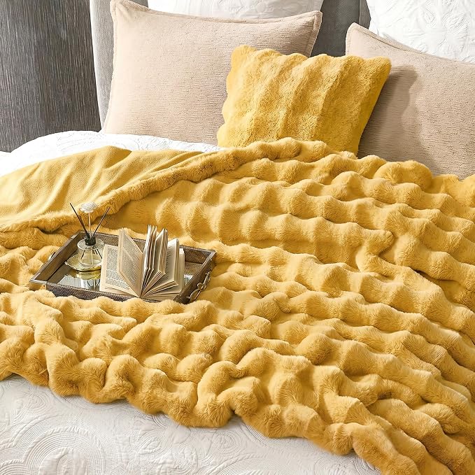 Cozy Bliss Faux Fur Throw Blanket for Couch, Fuzzy Soft Plush Thick Bubble Blanket for Sofa Bedroom Living Room, 60 * 80 Inches Yellow