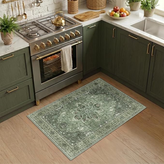 RELEANY Washable Area Rug, Small 2'x3', Green/Dark Green/Gray | Non-Slip, Water Repellent, Pet Friendly, Easy to Clean, Vintage Floral Boho Decor for Kitchen Entryway Bathroom