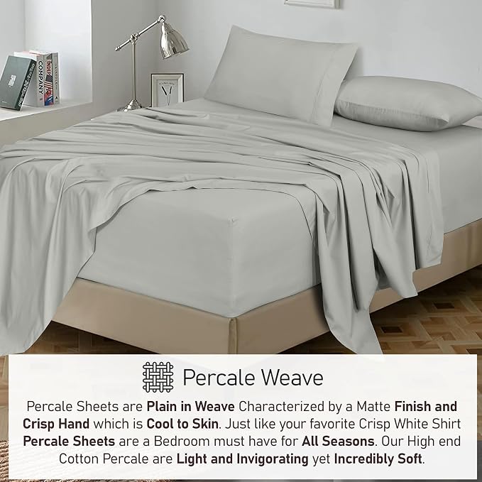 RUVANTI 100% Cotton Percale Sheets, Twin XL, Silver | Crisp Cooling, Deep Pocket 16", Soft Breathable & Durable, Hotel-Style, 3 Piece Set