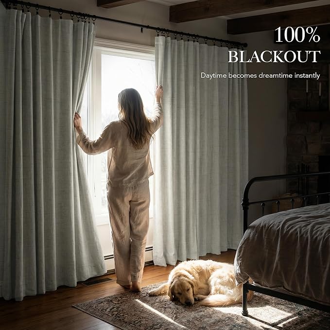 RYB HOME Ivory White 100% Blackout Curtains for Bedroom, Linen Drapes Back Tab&Rod Pocket, Thermal Insulated Privacy Assurd Curtains for Sliding Glass Doors/Dining/Living Room, W52 x L84, 2 Panels