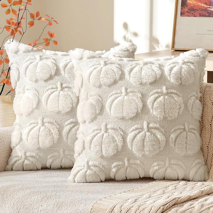 MIULEE Fall Pillow Covers Pumpkin Fall Decor 20x20 Beige | Set of 2 Fall Decorations for Home, Plush Faux Fur Farmhouse Accent Pillowcases, Porch Sofa Couch Cushion Bed Livingroom