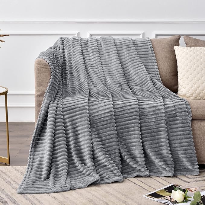BEDELITE 3D Ribbed Jacquard Grey Fleece Throw Blanket for Couch, 50x60 Inch | Soft Warm Decorative Fluffy Blanket, Cozy Plush Lightweight Fuzzy Throw Blanket for Bed Sofa Home Room Decor, Gift for Women