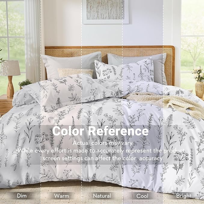 MUXHOMO Duvet Cover King Size, Reversible Floral White Duvet Cover Set with Zipper Closure, 3 Pieces Botanical Patterns Soft Microfiber Bedding Set (90"x104", 2 Pillow Cases 20"×36")