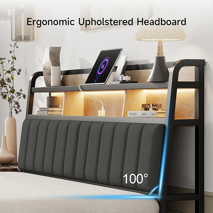 King Headboard Only with Storage, Charging Station, Black & Brown | Upholstered Headboards for King Size Bed with LED Light, Height Adjustable, Sturdy and Stable Headboard