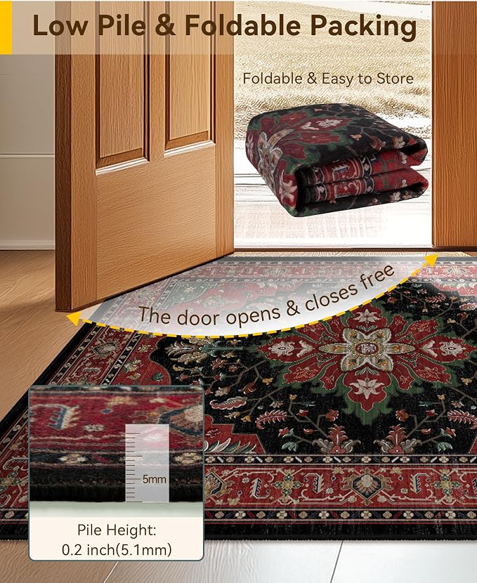 RELEANY Washable Area Rug, Small 2'x3', Red/Black | Non-Slip, Water Repellent, Pet Friendly, Easy to Clean, Vintage Floral Boho Decor for Kitchen Entryway Bathroom