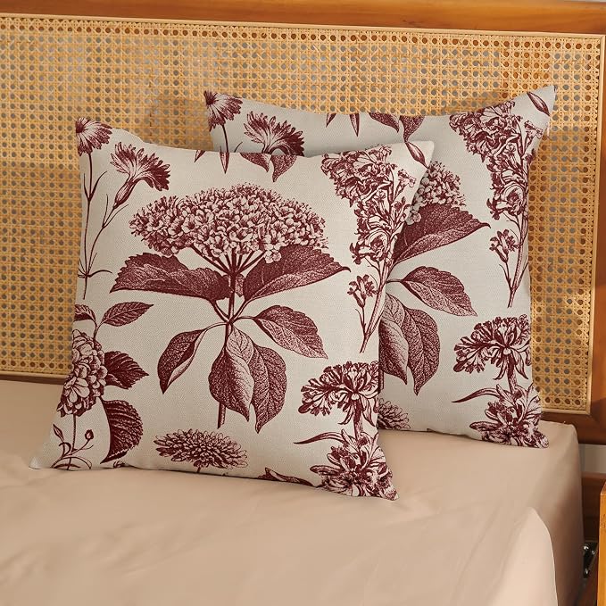 Burgundy Red Pillow Covers 20x20 Inch 2 Pcs Boho Vintage Floral Decor Throw Pillows Hydrangea Flower Seasonal Outdoor Farmhouse Neutral Accent Decoration Pillowcase Linen Cushion Cover for Sofa