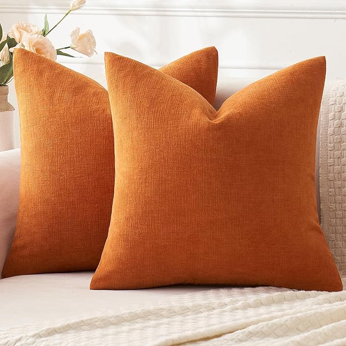 MIULEE Fall Orange Chenille Couch Throw Pillow Covers, 16x16 | Set of 2, Soft Farmhouse Modern Home Decor, Decorative Pillowcases for Sofa Living Room Bed