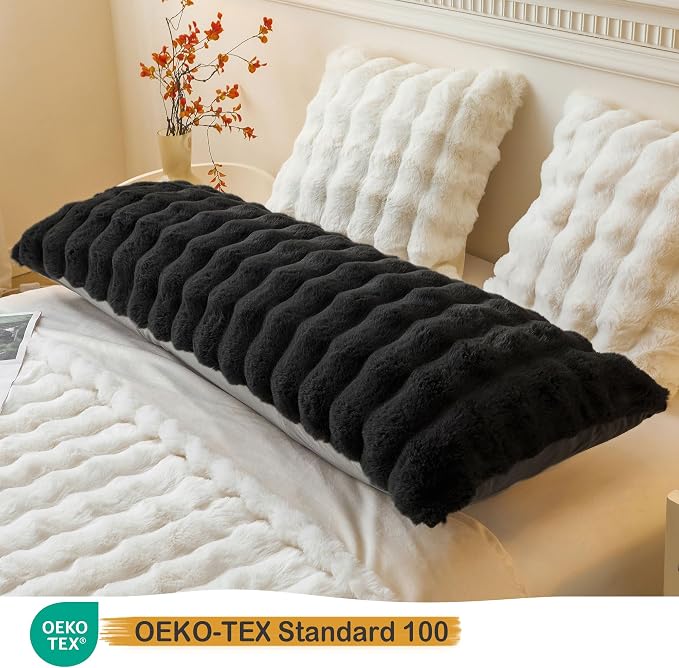 LIFEREVO Fluffy Faux Rabbit Fur Body Pillow Cover 20"x54", Black | Luxury Bubble Waffle Plush Bed Pillowcase with Hidden Zipper, Washable Fuzzy Long Pillow Case for Adults Kids Girls Teens