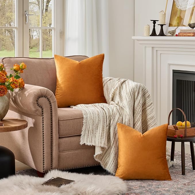 GIGIZAZA Orange Velvet Pillow Covers 18x18 Decorative Pillows Pack of 2 | Throw Pillows for Couch Sofa,280gsm Soft Textured Fabric,Modern Square Pillowcases,Luxury Cushion Covers
