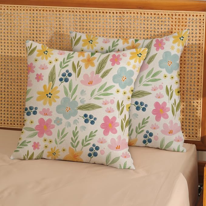 Outdoor Pillow Covers 16x16 Inch 2 Pcs Watercolor Pink Green Flower Spring Decor Throw Pillows Vintage Floral Summer Outdoor Seasonal Decoration Pillowcase Linen Cushion Cover for Couch Sofa