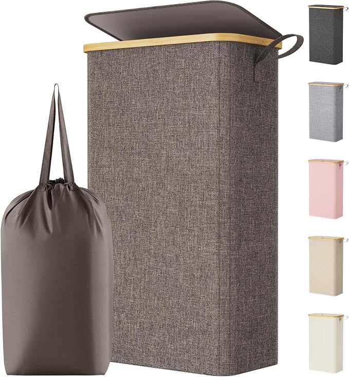 Lifewit 75L Slim Laundry Hamper with Lid, Narrow Laundry Basket with Removable Bag & Bamboo Handles, Fodable Thin Dirty Clothes Hamper for Laundry Collapsible Bin for Bathroom Bedroom Dorm, Brown