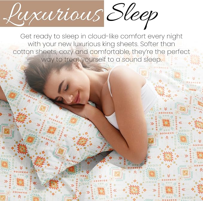 Linen Market Patterned Microfiber King Sheet Set 4 Piece – Oeko-TEX Certified Ultra Soft & Wrinkle-Free - 16" Deep Pocket Sheets - Easy Care King Size - Aztec Dreams Coral